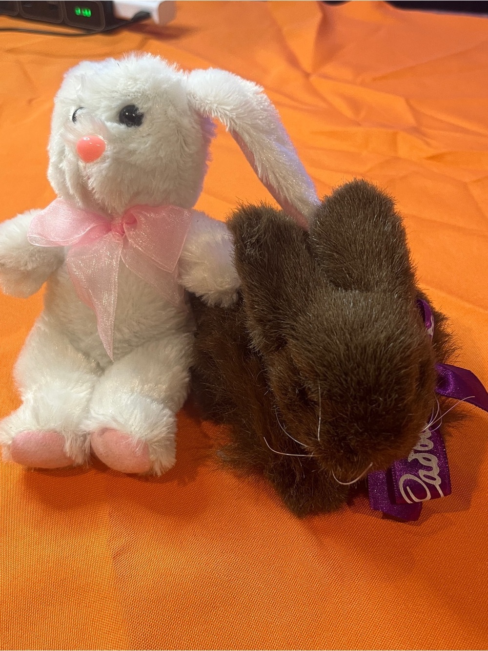 6/$20 Plush Bunny Pair - White & Brown Plush Bunnies with Pink and Purple Accent